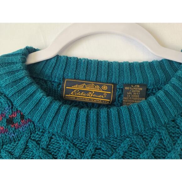 Sold! Vintage Eddie Bauer Men's Teal Purple Cable Knit Pullover Sweater Large - Picture 4 of 6